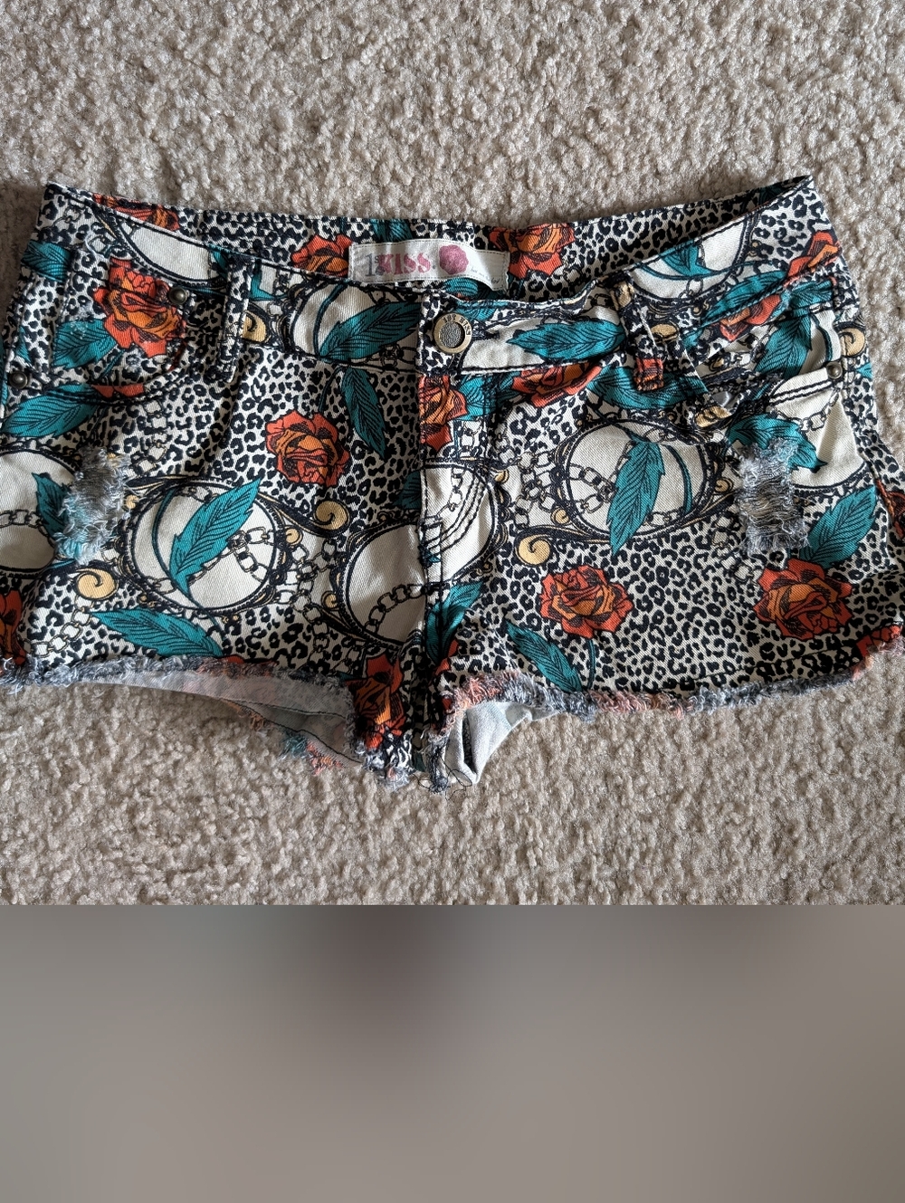Denim Shorts Leopard Cheetah Print & Roses Size 7